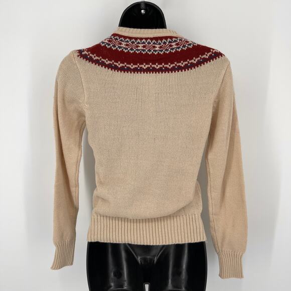 Sears VINTAGE JR Bazaar Sweater Juniors S Fair Isle Beige Burgundy Blue Button - Picture 4 of 7